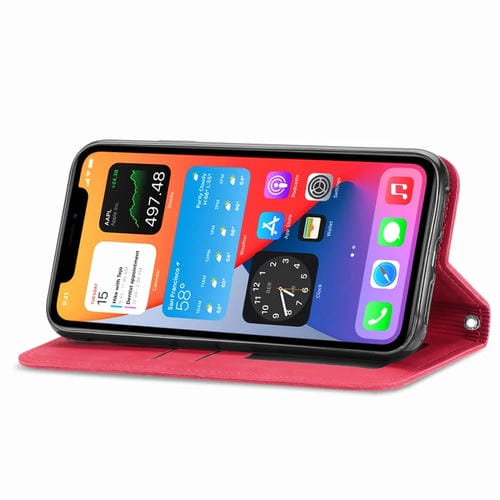 Funda para iPhone 12 Pro Max Cuero Retro Skin Feel Tapa Horizontal Magnética Soporte Ranuras Tarjetas Billetera Marco Fotos (Rojo)