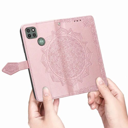 Para Motorola G9 Power Mandala Flower Funda de cuero horizontal en relieve con soporte y tres ranuras para tarjetas y billetera y cordón (oro rosa)