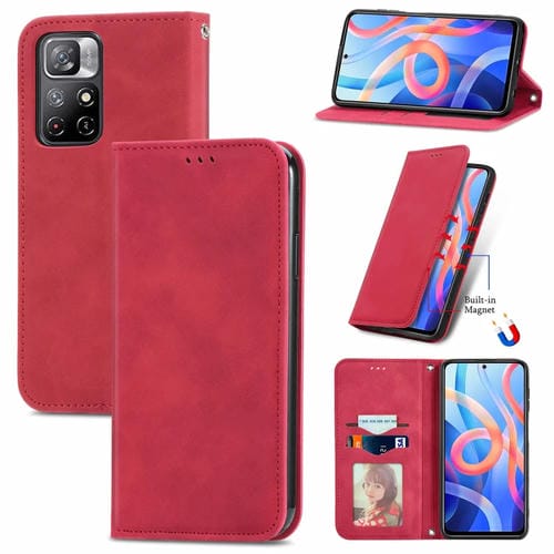 Para Xiaomi Redmi Note 11 Piel Retro Siente Magnético Caja de cuero Horizontal Flip (rojo)