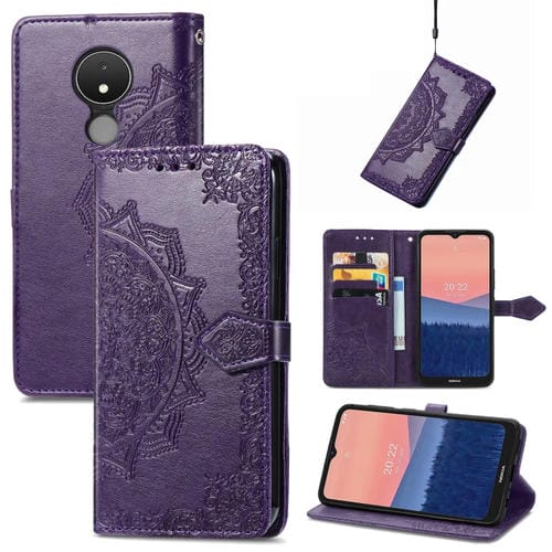 Funda para Nokia C21 Mandala Flower Flowed Horizontal Flip Leather Case (Púrpura)