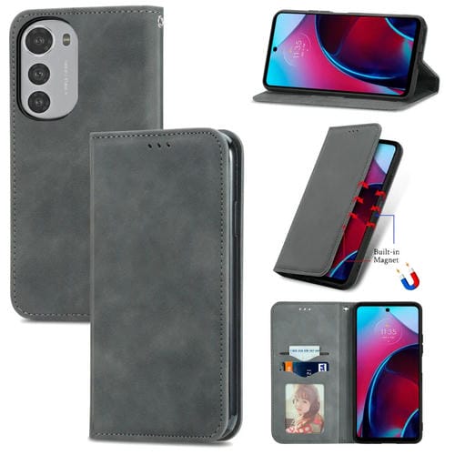 Funda Magnética de Cuero para Motorola Moto E32 con Retro Skin Feel (Gris)