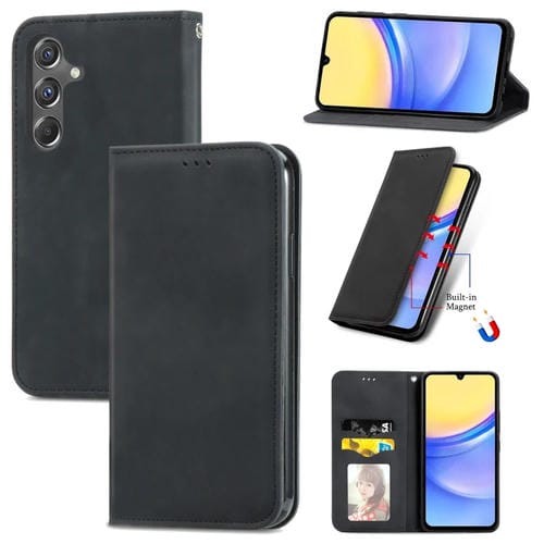 Funda de Teléfono Samsung Galaxy A15 Cuero Magnético Sensación de Piel Retro (Negro)