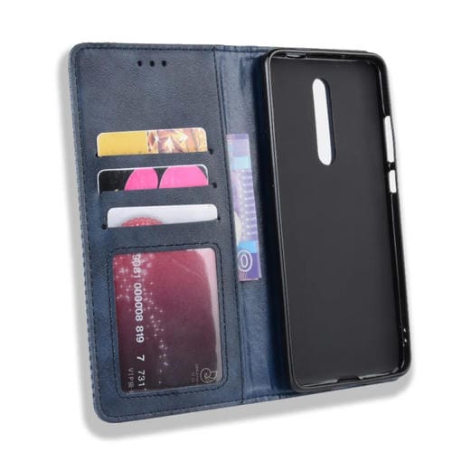 Funda de Cuero con Tapa Horizontal con Textura de Caballo Loco Retro con Hebilla Magnética para Xiaomi Redmi K20 / K20 Pro, con Soporte, Ranuras para Tarjetas y Marco de Fotos (Azul)