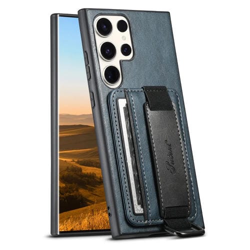 Para Samsung Galaxy S23 Ultra 5G Suteni H13 Tarjeta Monedero Correa de muñeca Titular PU Caja del teléfono (Azul)