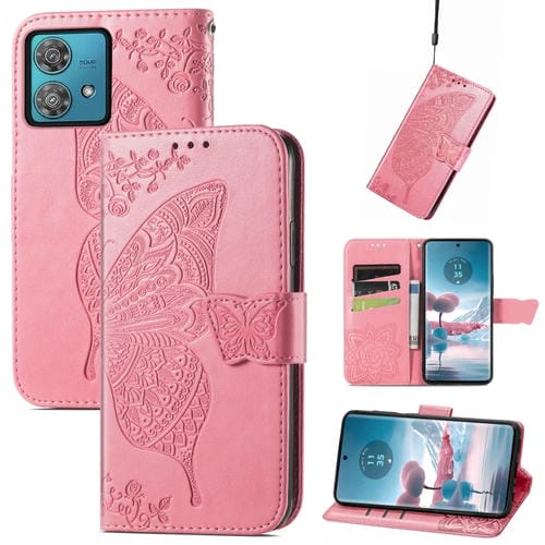Funda de Cuero para Motorola Edge 40 Neo Butterfly Love Flower en Relieve (Rosa)