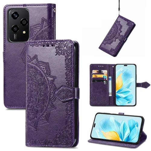 Funda para Honor 200 Lite de Cuero con Relieve de Flores Mandala (Púrpura)