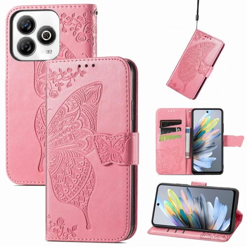 Funda de Cuero con Relieve Mariposa y Flor para ZTE Blade A75 4G (Rosa)