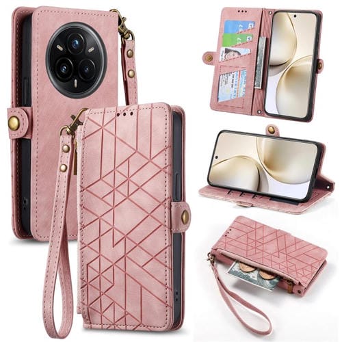 Funda de Cuero con Hebilla Lateral y Cremallera Geométrica para Realme 14 Pro+ (Rosa)