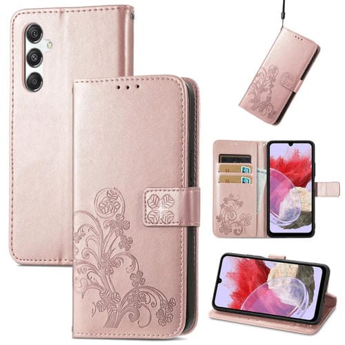 Funda para Teléfono Samsung Galaxy M34 5G Cuero Hebilla En Relieve Cierre Cuatro Hojas (Oro Rosa)