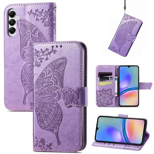 Funda para Teléfono Samsung Galaxy A05S Cuero Relieve Flor y Mariposa (Púrpura Claro)