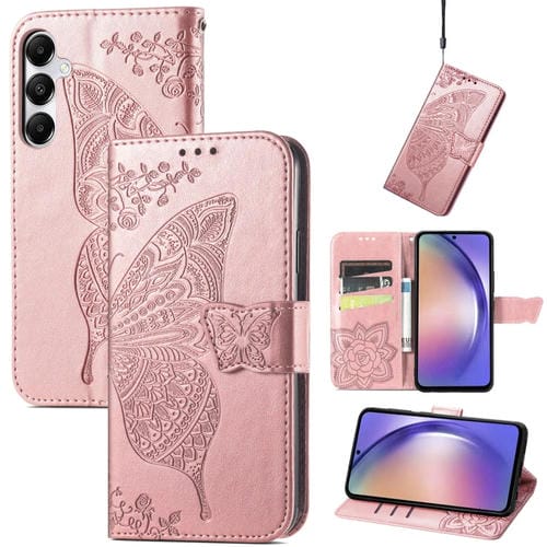 Funda para Teléfono Samsung Galaxy A55 5G Cuero Relieve Flor Amor y Mariposa (Oro Rosa)