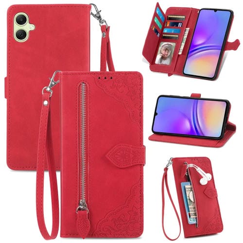 Funda para Samsung Galaxy A05 Cuero con Cremallera y Flores en Relieve (Rojo)