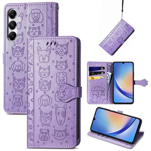 Funda para Teléfono Samsung Galaxy A35 5G Cuero Relieve Perro y Gato (Púrpura)