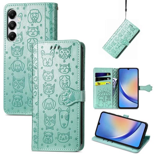 Funda para Teléfono Samsung Galaxy A35 5G Cuero Relieve Perro y Gato (Verde)