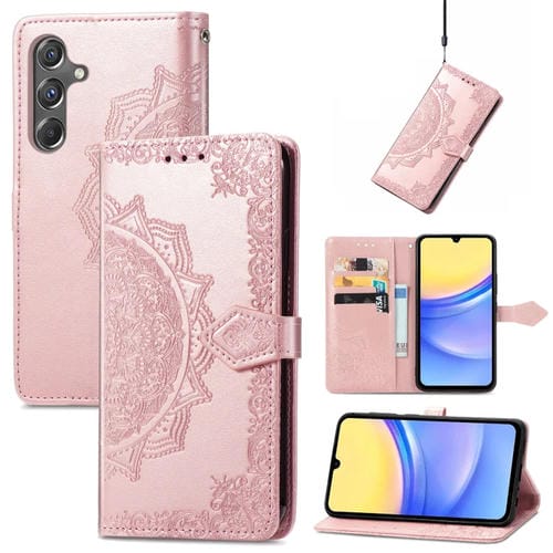 Funda para Teléfono Samsung Galaxy A15 Cuero Relieve Flores Mandala (Oro Rosa)