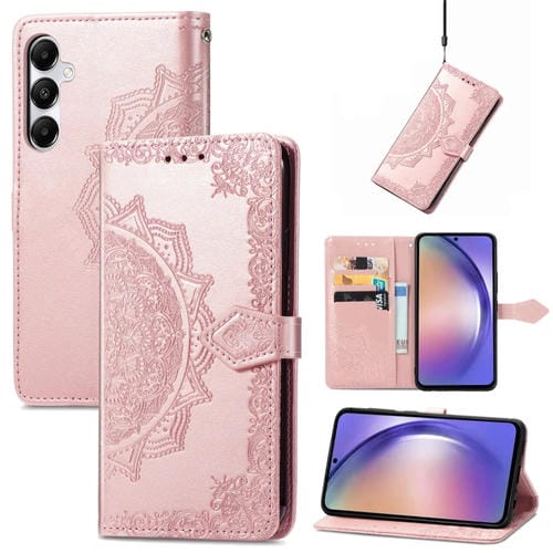 Funda para Teléfono Samsung Galaxy A55 5G Cuero con Relieve de Flor de Mandala (Oro Rosa)