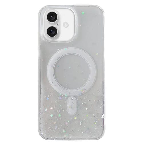 Funda híbrida de TPU transparente con purpurina MagSafe para iPhone 16 Plus (blanca)