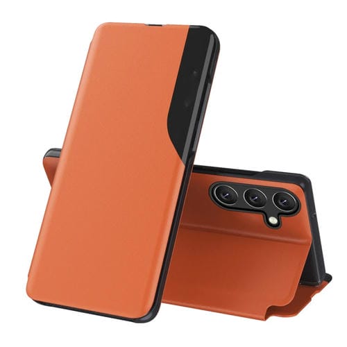 Funda para teléfono Samsung Galaxy A55 Atracción Flip Holder de Cuero (Naranja)