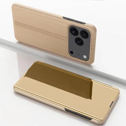 Funda de cuero con tapa horizontal y espejo chapado para iPhone 17 Pro Max con soporte (dorada)