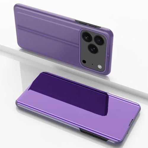 Funda de cuero con tapa horizontal y espejo chapado para iPhone 17 Pro con soporte (morado y azul)
