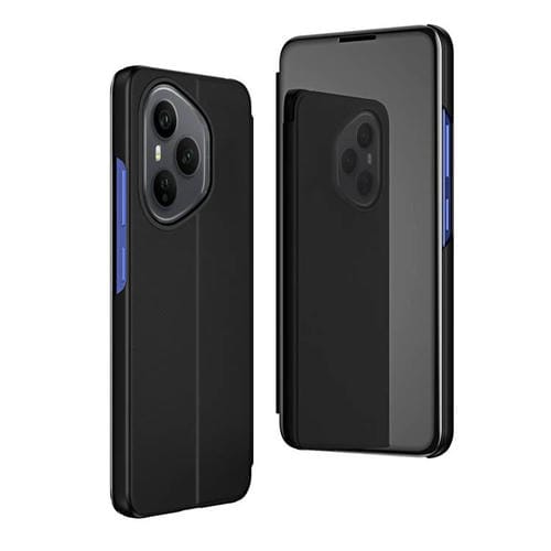 Funda de cuero con tapa horizontal y espejo chapado de 160,8 mm para Honor 400 Pro Global con soporte (negro)