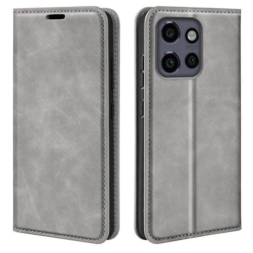 Funda de Cuero con Ventosa Magnética para Motorola Moto Edge 50 Neo 5G Retro-Skin (Gris)