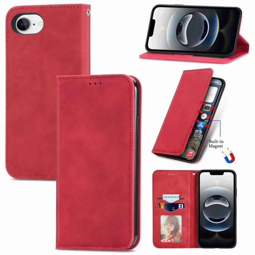 Funda de Cuero con Tapa Magnética para iPhone 16E (Rojo)