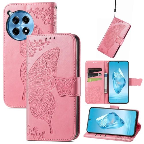 Funda de Cuero para OnePlus Ace 3 Pro con Relieve de Mariposa y Flor (Rosa)