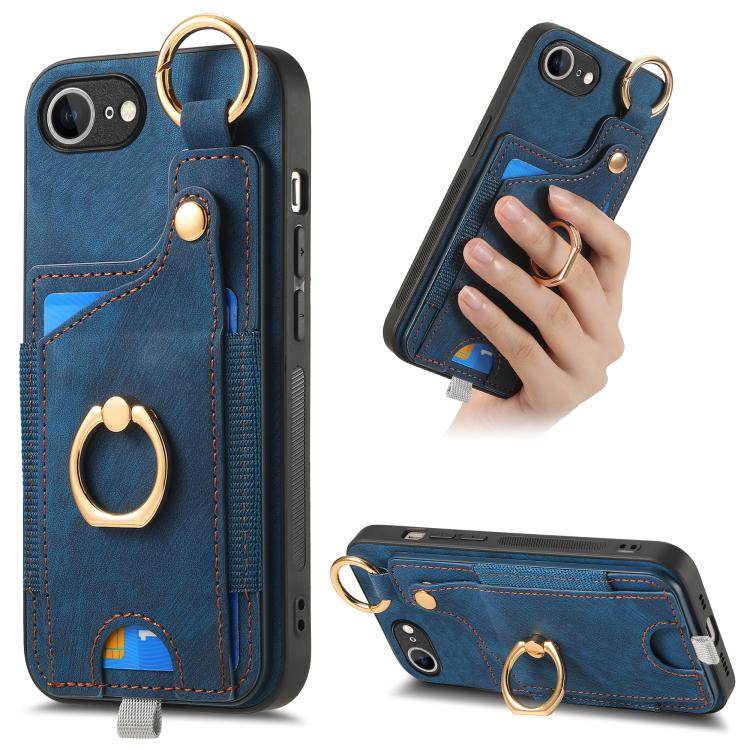 Funda para Teléfono iPhone 16E con Anillo y Tarjetero Estilo Retro con Asa para Colgar (Azul)