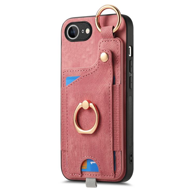 Funda para Teléfono iPhone 16E con Anillo y Tarjetero Estilo Retro con Asa para Colgar (Rosa)