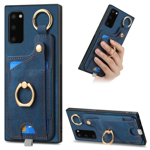 Funda para Teléfono Samsung Galaxy S20 con Bolsa para Tarjeta y Anillo con Sensación de Piel Retro con Lazo para Colgar (Azul)
