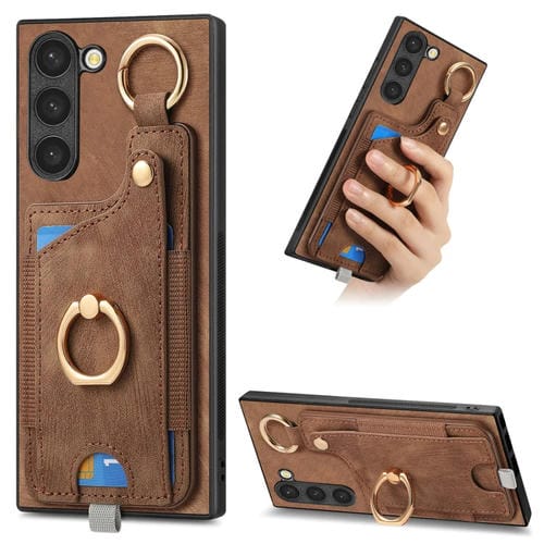 Funda para Teléfono Samsung Galaxy S21 FE 5G con Bolsa para Tarjeta Anillo y Lazo (Marrón)