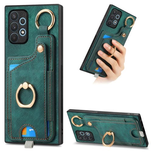 Funda para Teléfono Samsung Galaxy A52 con Bolsa para Tarjeta y Anillo con Sensación de Piel Retro con Lazo para Colgar (Verde)