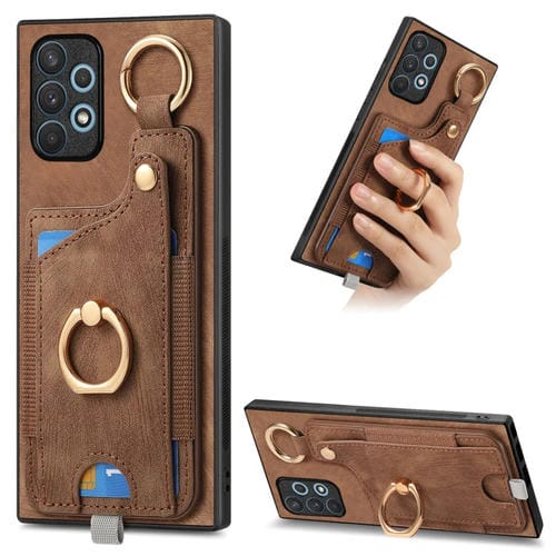 Funda para Teléfono Samsung Galaxy A23 con Bolsa para Tarjeta y Anillo Sensación de Piel Retro con Lazo para Colgar (Marrón)