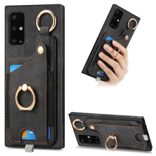 Funda para Samsung Galaxy A71 con Bolsa para Tarjeta Anillo y Lazo para Colgar (Negro)