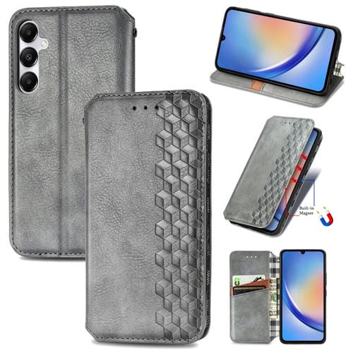 Funda para Teléfono Samsung Galaxy A35 5G Cuero Magnético Prensado Rejilla Cúbica (Gris)