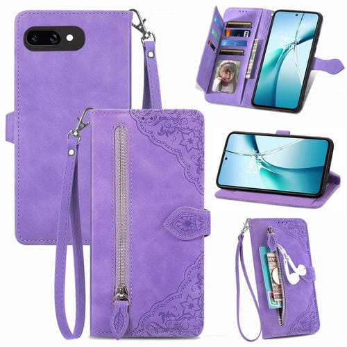 Funda de Cuero con Cremallera y Flores en Relieve para Google Pixel 9A (Morado)