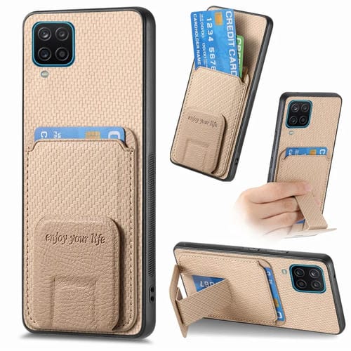 Funda para Teléfono Samsung Galaxy A22 4G con Soporte Plegable y Bolsa para Tarjetas Fibra de Carbono (Caqui)