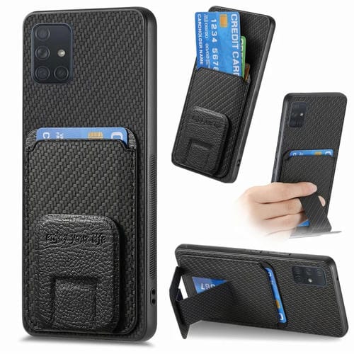 Funda para Teléfono Samsung Galaxy A71 con Soporte Plegable y Bolsa para Tarjetas Fibra de Carbono (Negro)