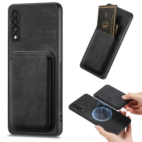 Funda de teléfono Samsung Galaxy A50 con bolso de tarjeta magnética de cuero retro (Negro)