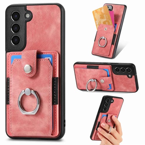 Funda para Teléfono Samsung Galaxy S21 FE 5G con Billetera, Tarjeta y Anillo con Sensación de Piel Retro (Rosa)
