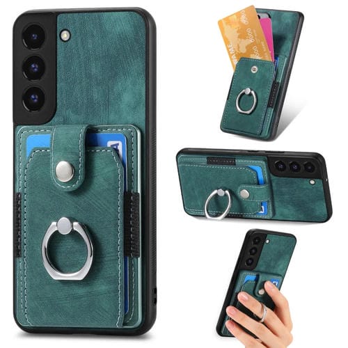 Funda para Teléfono Samsung Galaxy S22 + 5G con Billetera, Tarjeta y Anillo con Sensación de Piel Retro (Verde)