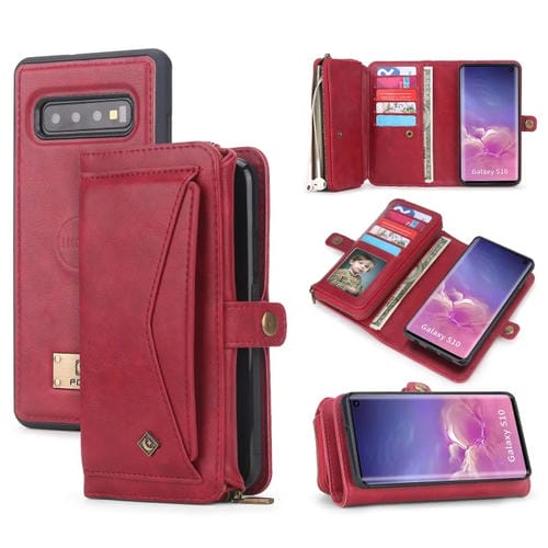Funda de Cuero Samsung Galaxy S10 con Billetera y Cremallera Multifuncional (Rojo)