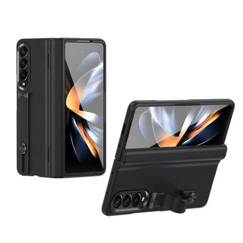 Funda para Teléfono Plegable Samsung Galaxy Z Fold4 Cuero Granulado con Soporte para Pulsera (Negro)