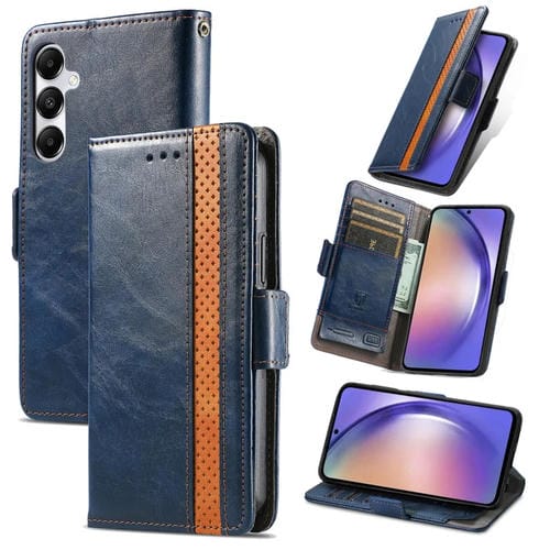 Funda de Cuero Caseneo Splicing para Samsung Galaxy A55 5G con Hebilla Magnética Dual (Azul)