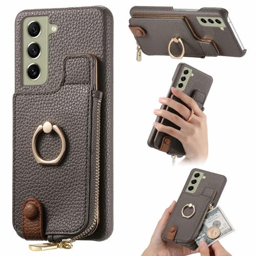 Funda para Samsung Galaxy S21 FE 5G Litchi Leather Oil Edge Ring Zipper Wallet Back (Gris)