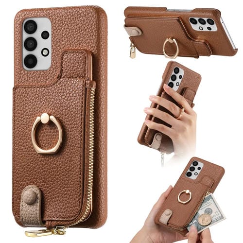 Funda para Teléfono Samsung Galaxy A23 Litchi Leather Oil Edge Ring Zipper Wallet Back (Marrón)