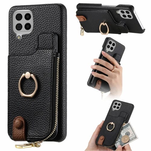 Funda para Samsung Galaxy A22 4G Litchi Leather Oil Edge Ring Zipper Wallet Back (Negro)