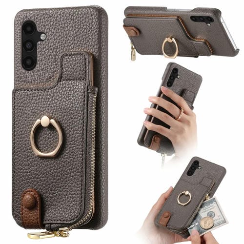 Funda para Samsung Galaxy A04S Litchi Leather Oil Edge Ring Zipper Wallet Back (Gris)