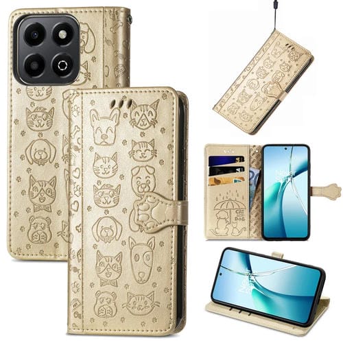 Funda de Cuero para Honor 200 con Relieve de Gato y Perro (Dorada)